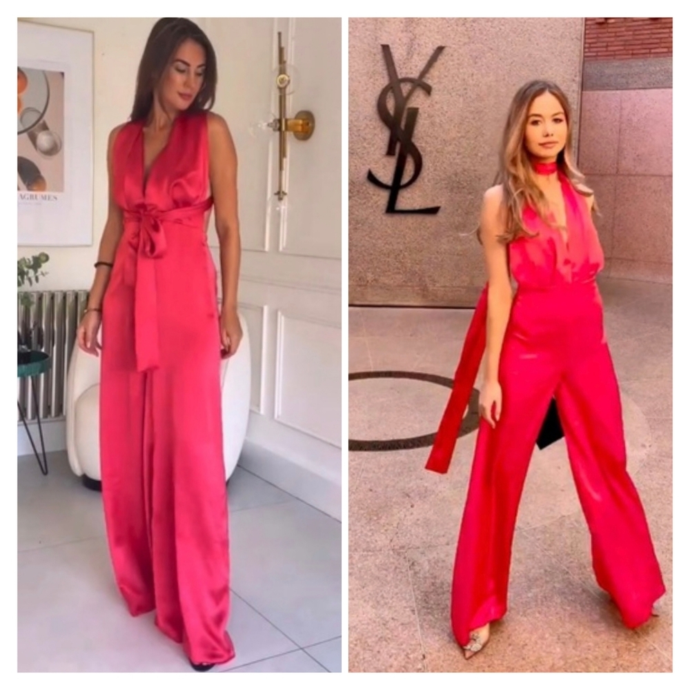 Zara Satin Effect Pink Halter Neck Wide Leg Jumpsuit Size S - Picture 3 of 16